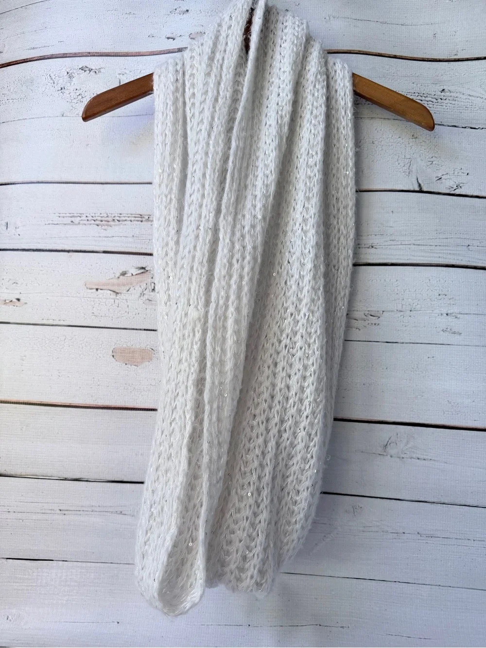 Mixit White Knit Infinity Scarf with Silver Threading